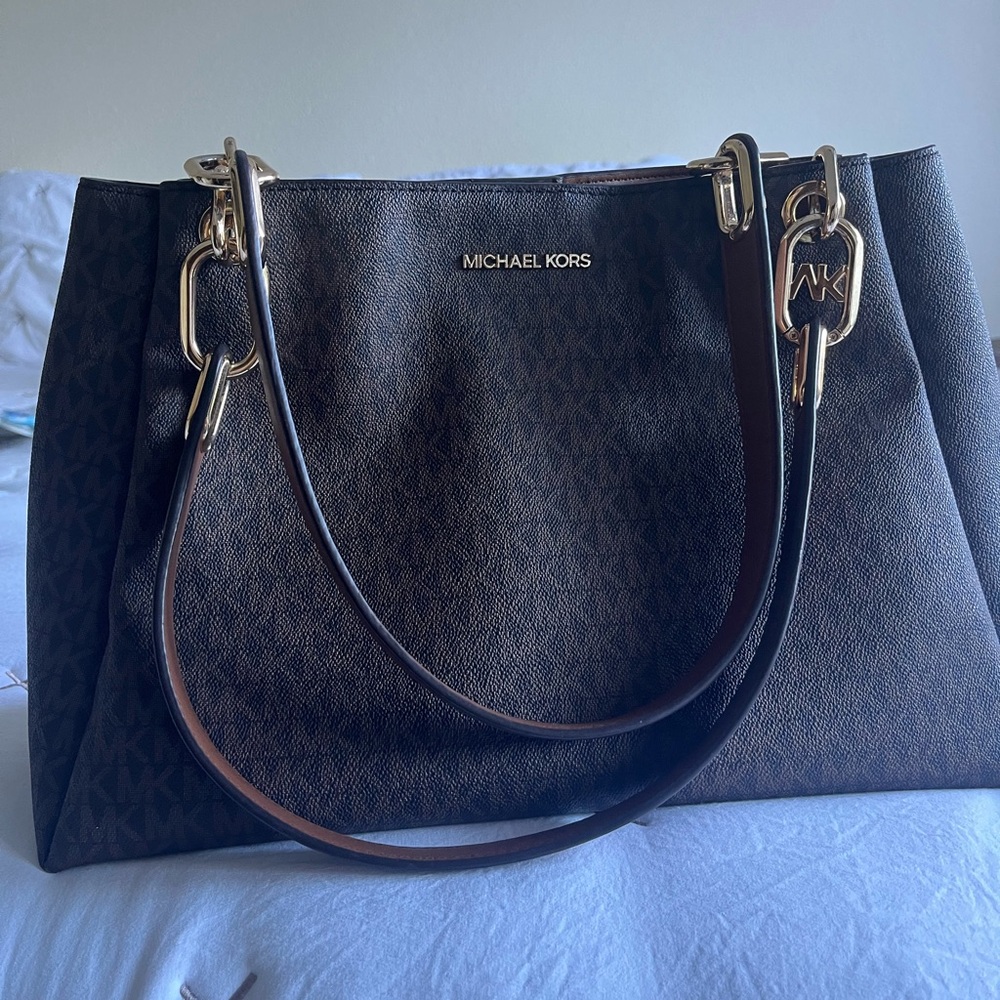 MICHAEL KORS Large Logo Shoulder Bag Color: Brown MK Logo